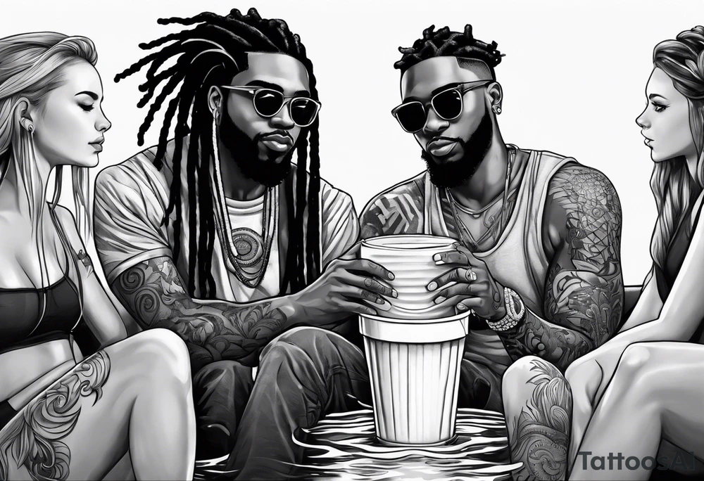 Black guy with dreads inside a foam cup like it’s a jacuzzi with two white girls tattoo idea