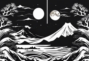 daytime yin with sun and ocean waves imagery in style of Hokusai with night time yin with moon and fir trees and mountains. edges should be blurred tattoo idea