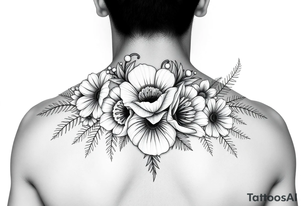 Bouquet made of daisy, Lilly of the valley, rose, poppy with exotic foliage like fern leaves and Monstera for arm sleeve
Make them more visible tattoo idea