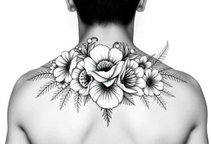 Bouquet made of daisy, Lilly of the valley, rose, poppy with exotic foliage like fern leaves and Monstera for arm sleeve
Make them more visible tattoo idea