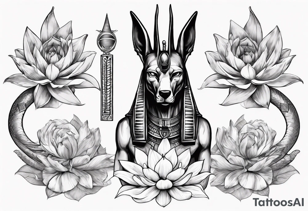 Egyptian god, Anubis surround by snakes with lotus flowers tattoo idea