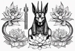 Egyptian god, Anubis surround by snakes with lotus flowers tattoo idea