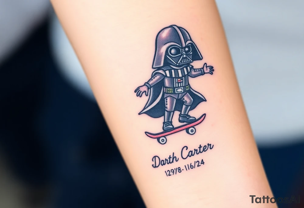 Darth Vader skateboarding > bullets > in loving memory > colors
add words "Darth Carter" to skateboard
add date 12/29/88-01/06/24 tattoo idea