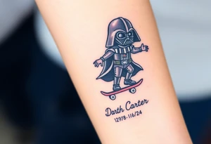 Darth Vader skateboarding > bullets > in loving memory > colors
add words "Darth Carter" to skateboard
add date 12/29/88-01/06/24 tattoo idea