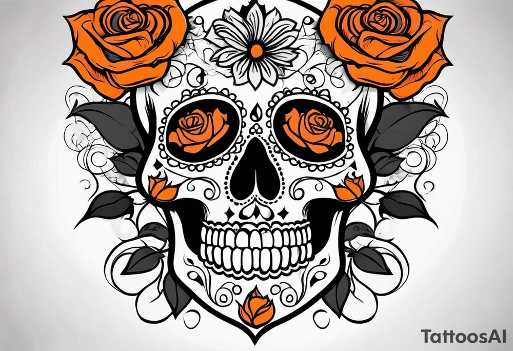 Sugar skull with roses that are orange and black with smoke around it tattoo idea