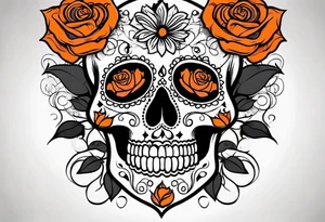 Sugar skull with roses that are orange and black with smoke around it tattoo idea