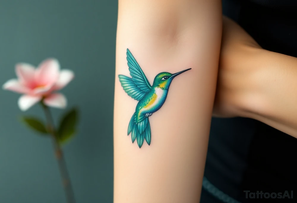 A hummingbird in iridescent green and blue shades, hovering near a blossoming flower, embodying endurance and positivity tattoo idea