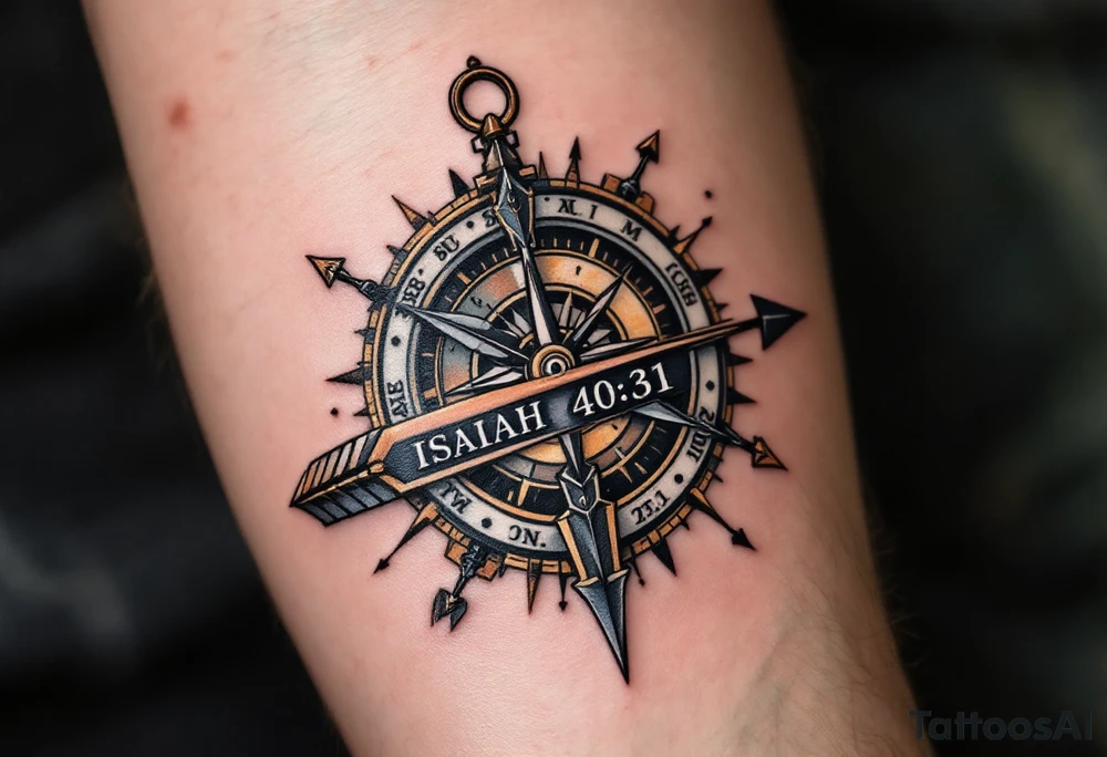 steampunk half compass/clock with a full-length arrow saying "Isaiah 40:31" tattoo idea