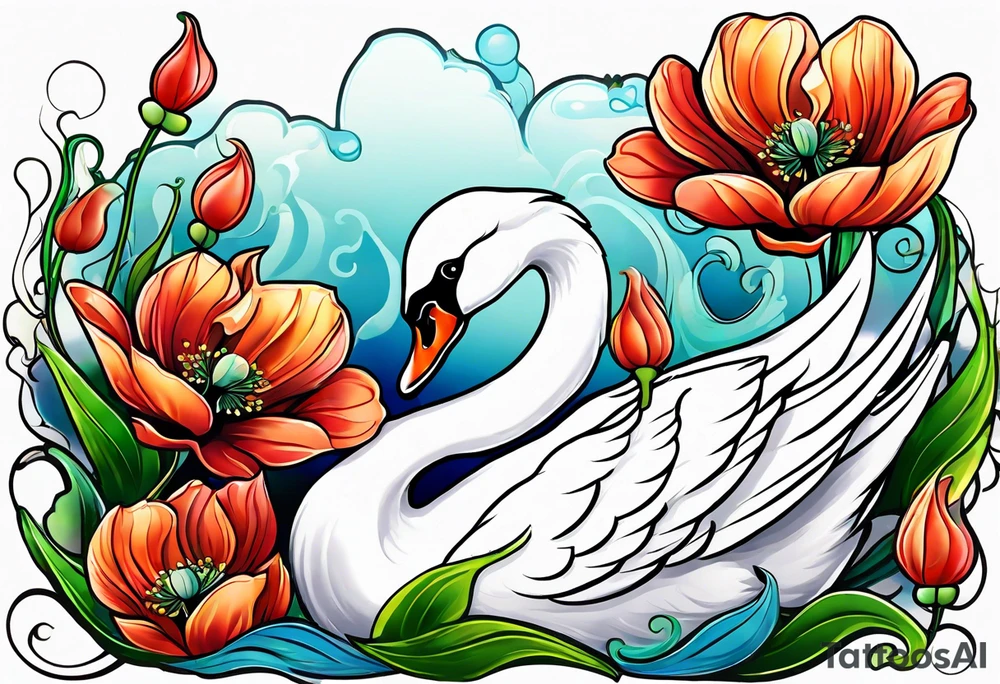 Colorful swan tattoo with poppies, Lily of the valley, sweet pea flower, honeysuckle tattoo idea