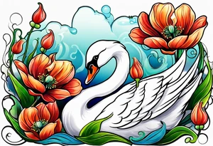 Colorful swan tattoo with poppies, Lily of the valley, sweet pea flower, honeysuckle tattoo idea