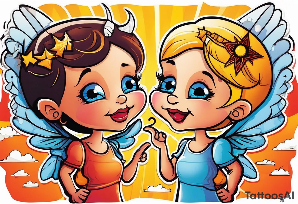 angel girl on right side whispering, devil girl on left side whispering, with rays of sun and clouds. Organ pipes center tattoo idea