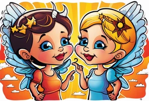 angel girl on right side whispering, devil girl on left side whispering, with rays of sun and clouds. Organ pipes center tattoo idea