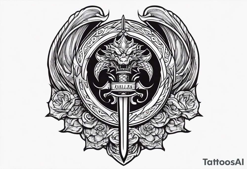 Valhalla sword shield dragon axe tattoo idea