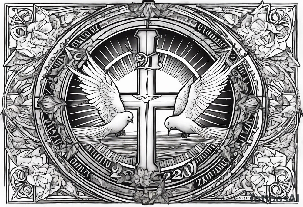 A Cross with doves in the rays of sun with the date 08/21/2024 in Roman numerals in it tattoo idea