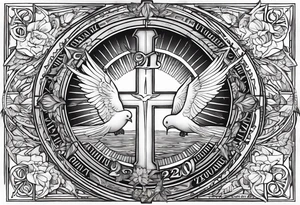 A Cross with doves in the rays of sun with the date 08/21/2024 in Roman numerals in it tattoo idea