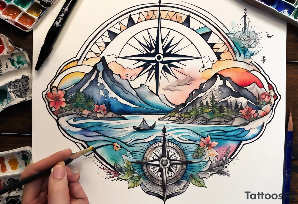 compass rose with beach, mountains, city scapes and European landmarks in and around it, spilled watercolor and tiny jet plane silhouette and a tiny ski boat in the water tattoo idea