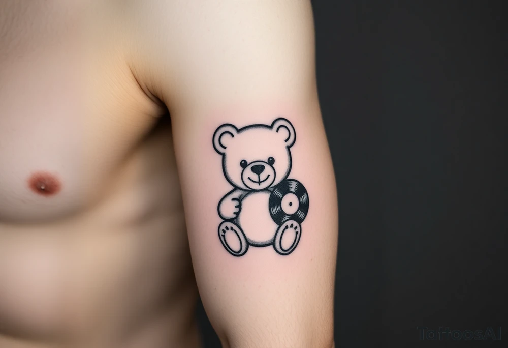 minimalist teddy bear smiling and holding a vinyl record tattoo idea minimalist teddy bear smiling and holding a vinyl record tattoo idea