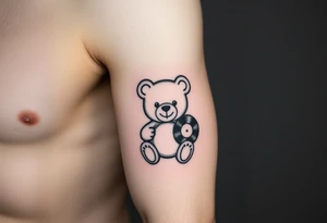 minimalist teddy bear smiling and holding a vinyl record tattoo idea
