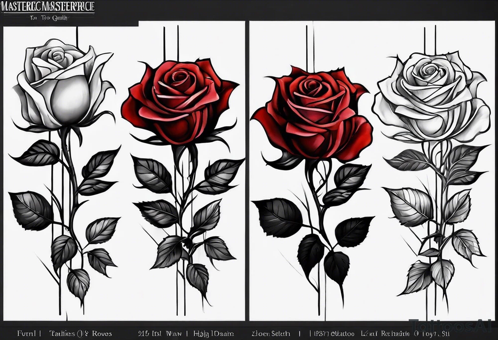 long vertical tattoo to cover my whole shin showing two separate rose stems wrapped around each other, one stem should have thorns and one should be thornless I want a long stem to shower them intertwined tattoo idea