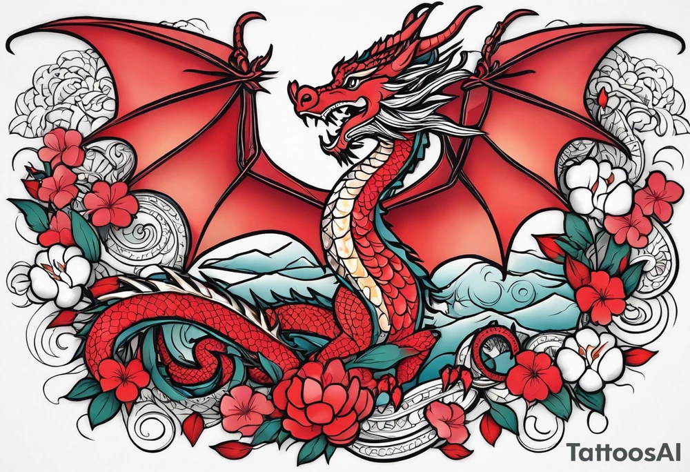 Quiero un tatuaje en toda la espalda con dos dragones verticales uno en frente del otro (uno con cara fiera y el otro con cara amable), con un sol o luna rojo en medio, y otros detalles de letras en japonés y flores pequeñas tipo flor de cerezo (en rojo y negro) tattoo idea