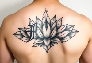 neo-traditional burning letter, lotus background, black and grey shading tattoo idea