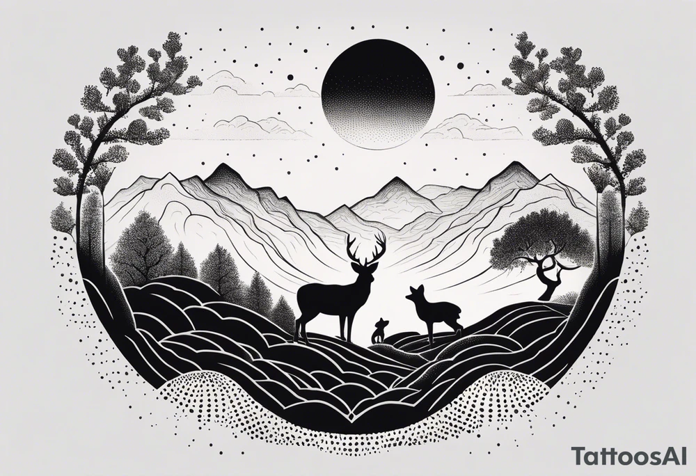 “Generate a minimalist tattoo showcasing a symmetrical scene of rolling hills and a rising sun, with small animals like deer or foxes incorporated into the design. tattoo idea