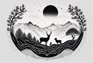“Generate a minimalist tattoo showcasing a symmetrical scene of rolling hills and a rising sun, with small animals like deer or foxes incorporated into the design. tattoo idea