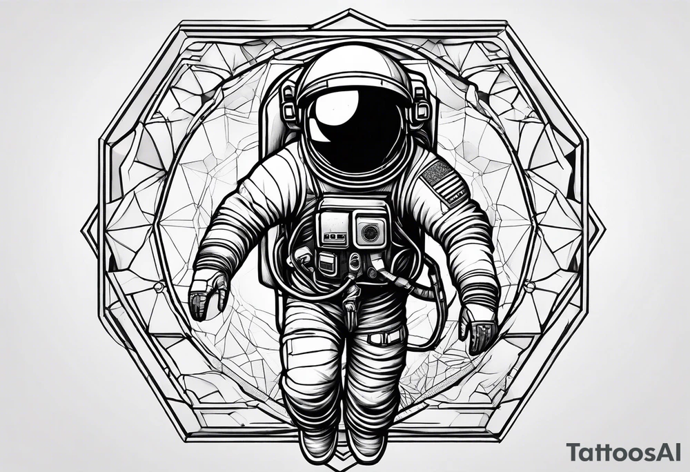 Astronaut floating in space with sacred geometry and hexagonal shapes tattoo idea