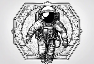 Astronaut floating in space with sacred geometry and hexagonal shapes tattoo idea