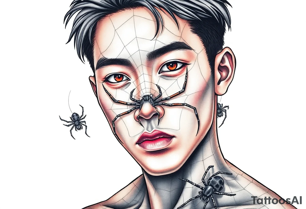 Handsome Asian young guy covered with spiders web tattoo idea