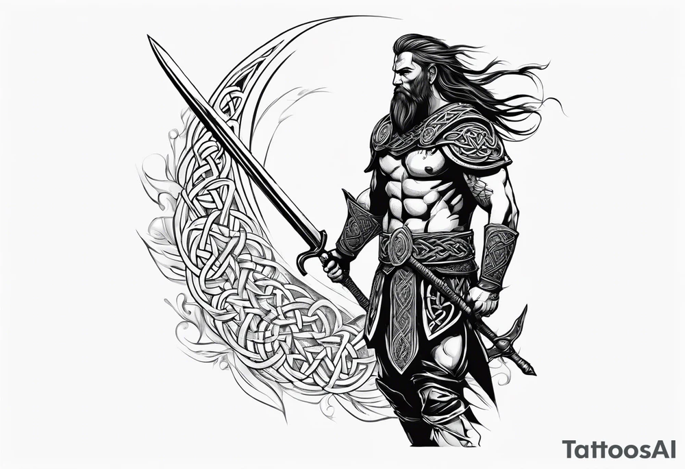 Full body side profile shot of a Celtic warrior with weapons, facing from left to right tattoo idea
