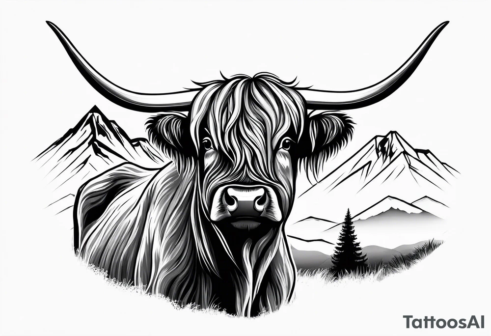 Highland cow with mountains tattoo idea