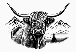Highland cow with mountains tattoo idea