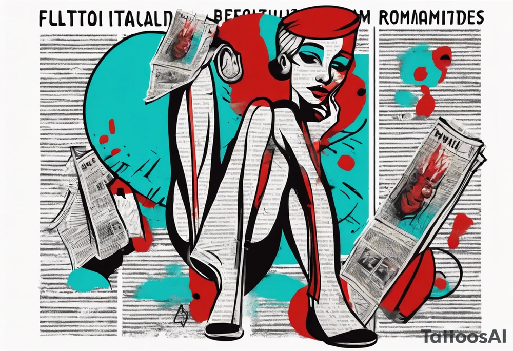 an art showing a newspaper on the leg and shoulder, old ritual, in the style of abstract portraits, textured pigment planes, red and cyan, stencil art, gothic romanticism, full white background <https://s.mj.run/gUiE1vI_8x0> tattoo idea