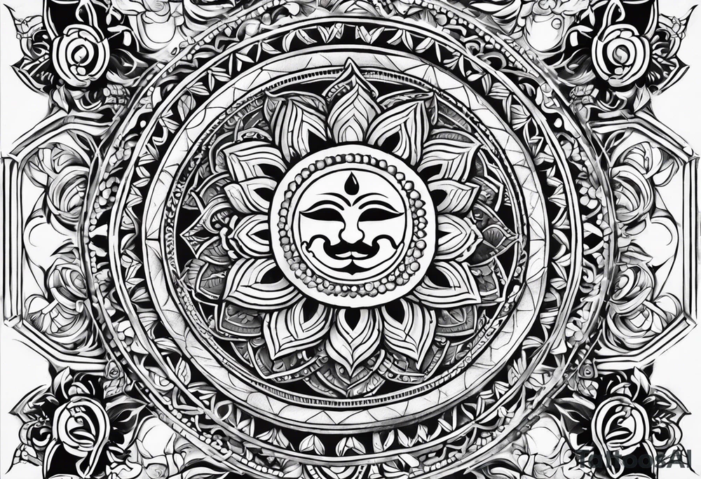 Traditional Hawaiian tattoo tattooed on the upper part of my arm across my shoulders, and into my chest should be integrated with a Hindu om sign and also the seven Hindu chakras tattoo idea