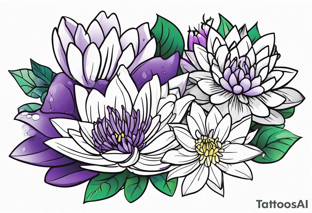 bouquet of violet, water lily, and holly tattoo idea