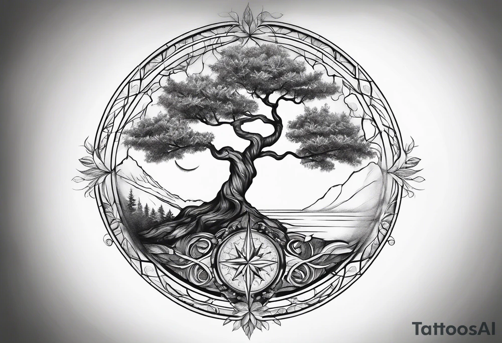 Tree and windrose tattoo idea