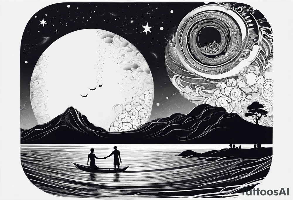 Silouhette of two people on beach water with moon tattoo idea