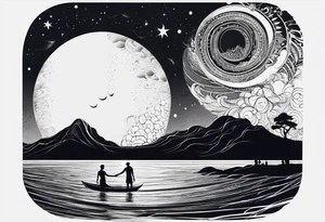 Silouhette of two people on beach water with moon tattoo idea