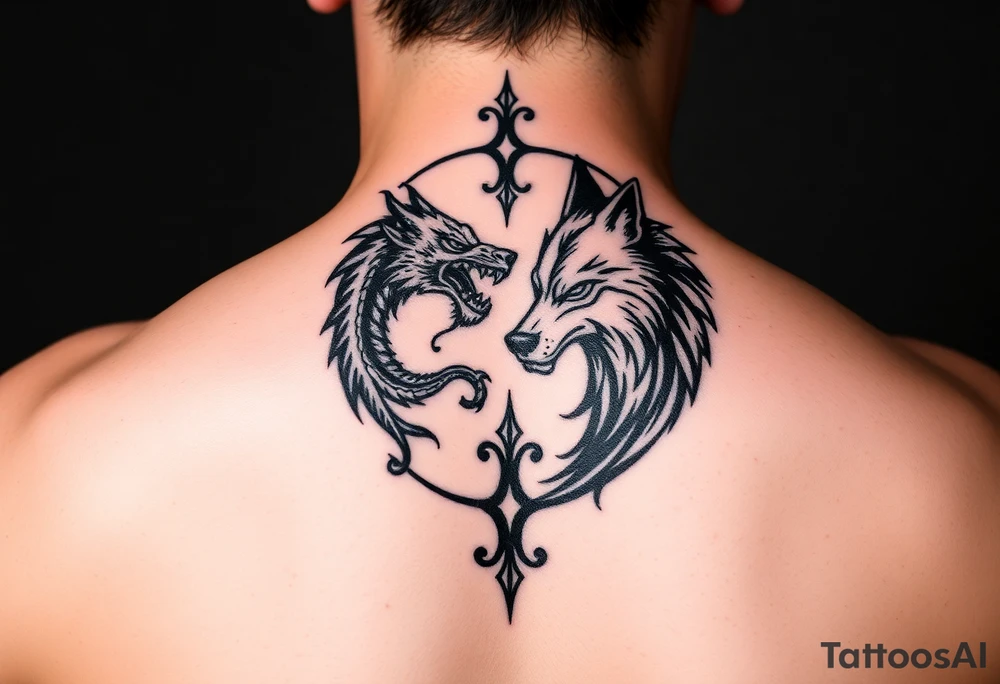 Ying yang symbol with one side a dragon and one side a wolf tattoo idea