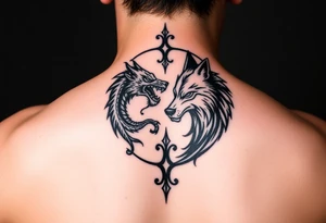 Ying yang symbol with one side a dragon and one side a wolf tattoo idea