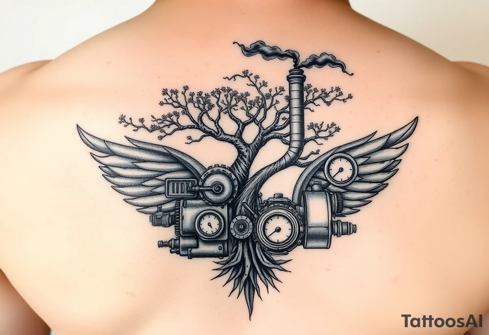 tree growing out of a v shaped engine with lots of pipes, guages and steam around the engine 
 with a smoke stack coming out of the top 
 billowing black smoke as if the tree and engine were a flying machine flying through the air 
 with an extreme steam punk vibe tattoo idea