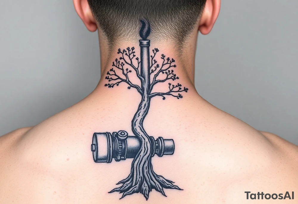 tree growing out of an engine with a smoke stack coming out of the top of the tree billowing black smoke with a steam punk vibe tattoo idea