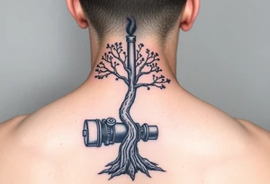 tree growing out of an engine with a smoke stack coming out of the top of the tree billowing black smoke with a steam punk vibe tattoo idea