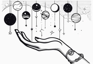 Human hand dangling planets from fingertips tattoo idea