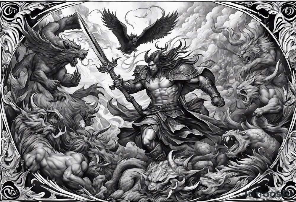 man fighting  demons in a battle field tattoo idea