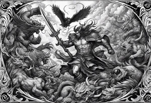 man fighting  demons in a battle field tattoo idea