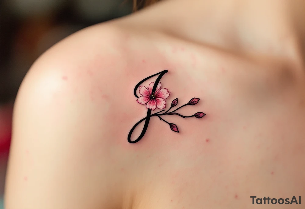Classic script "J" in fine-line black ink, paired with a delicate pink cherry blossom. tattoo idea