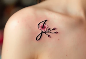Classic script "J" in fine-line black ink, paired with a delicate pink cherry blossom. tattoo idea