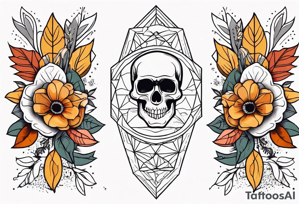 Knee tattoo with fall colors, flowers, skulls and geometric shapes. tattoo idea